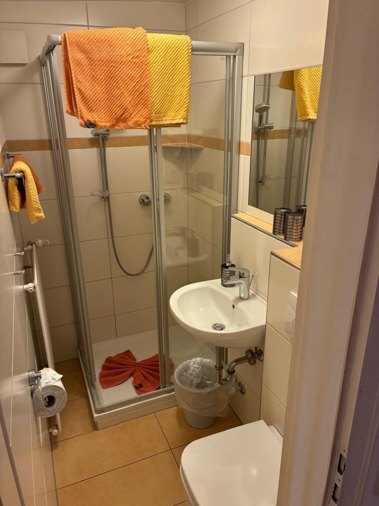 Kleines Badezimmer mit Dusche und Waschbecken