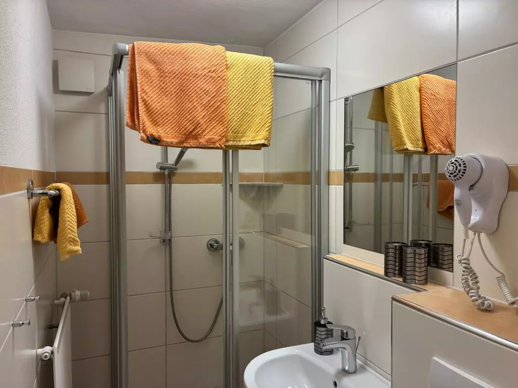 Badezimmer mit Dusche und Handtüchern